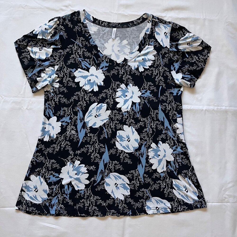 Cathy Vibrant Versatile Flutter Short Sleeve Tunic Top, Sz L, Black, Blue, White